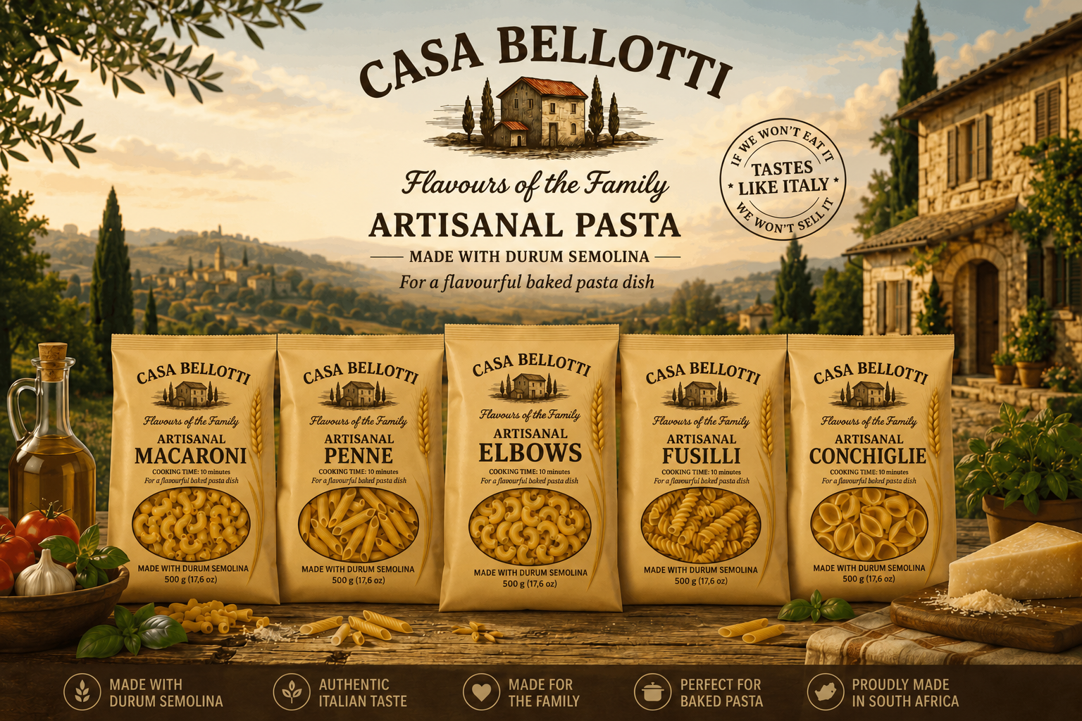 Casa Bellotti pasta packs arranged for a family table