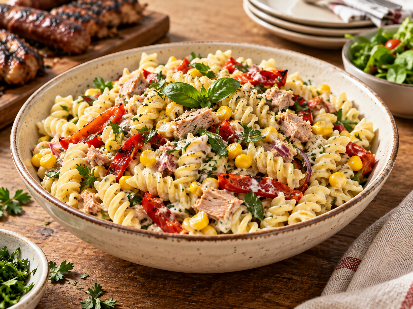 Fusilli Tuna Mayonnaise Salad with sweetcorn and herbs