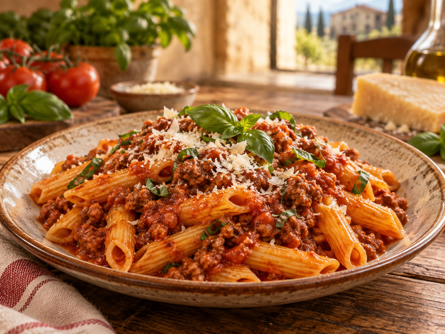 Bowl of Penne Beef Bolognaise with parmesan and basil